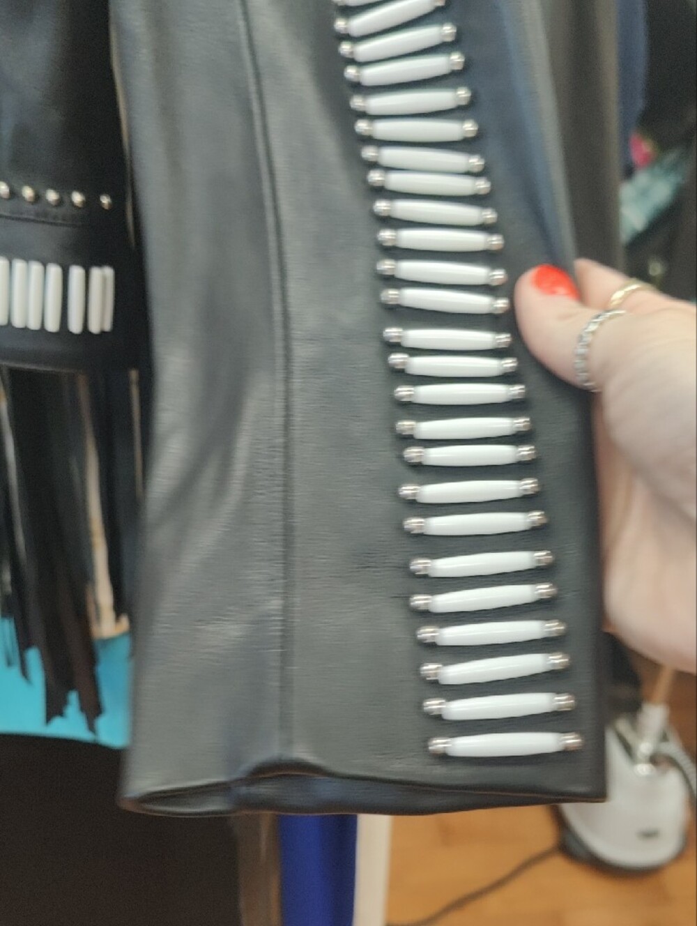Nasty Gal Geunine Black Leather Moto Jacket with White Stud Sunburst Details - Picture 6 of 11